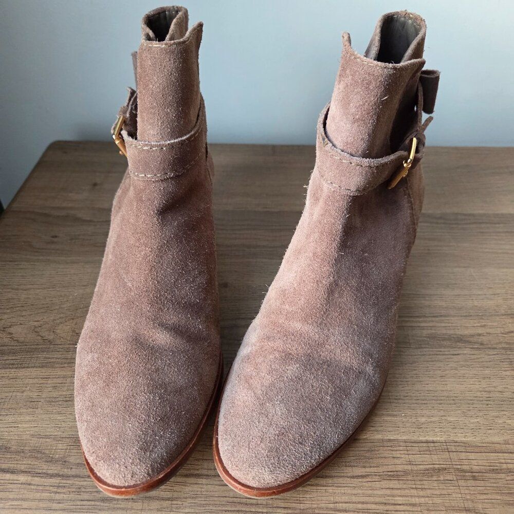 EUC KATE SPADE NEW YORK TAN LEATHER STACKED HEEL BOOTS SIZE 9